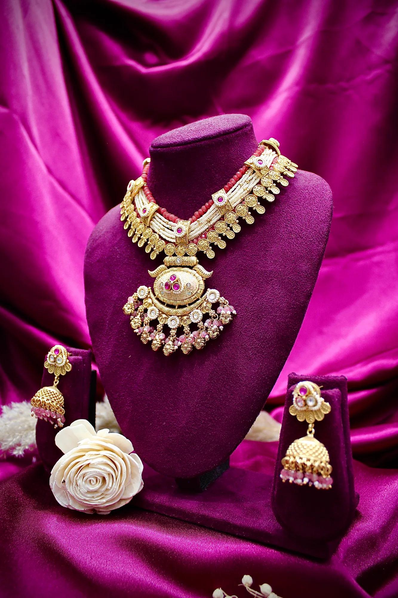 Royal Pink Bead & Pearl Layered Temple Necklace Set