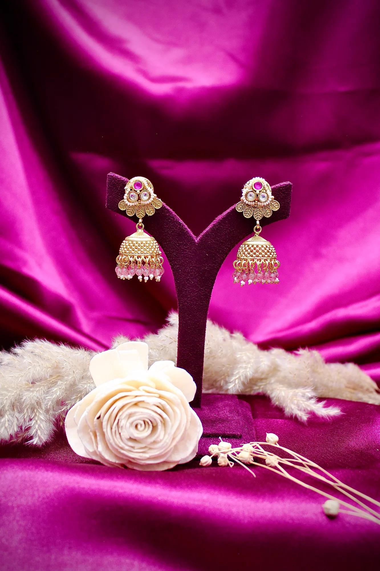 Royal Pink Bead & Pearl Layered Temple Necklace Set