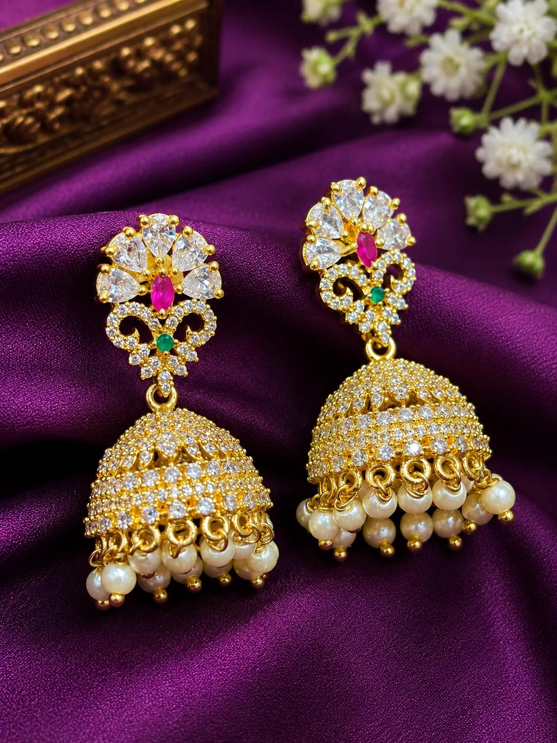 Premium AD Stone Pearl Drop Jhumka Earrings
