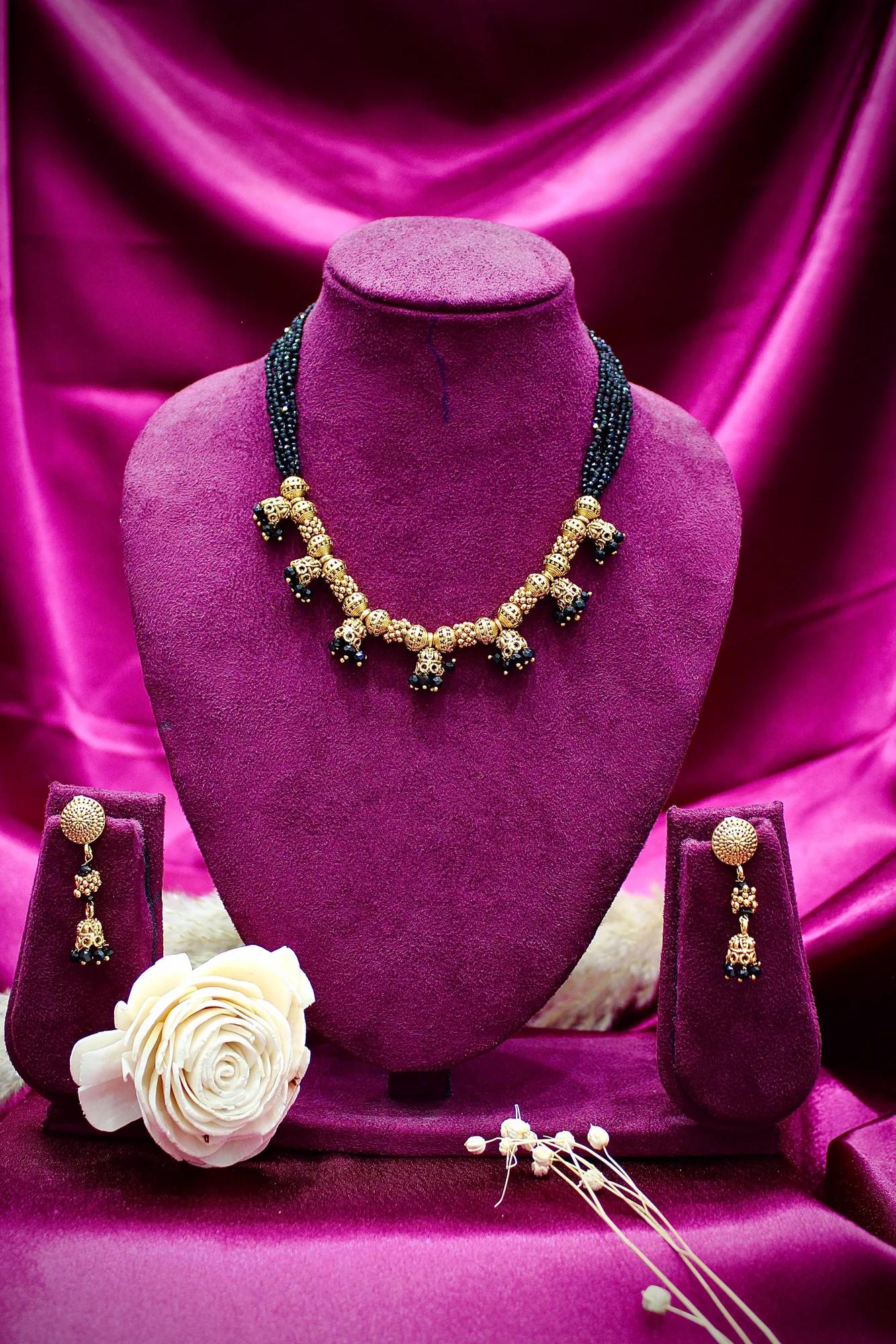 Traditional Black Bead Jhumka Necklace