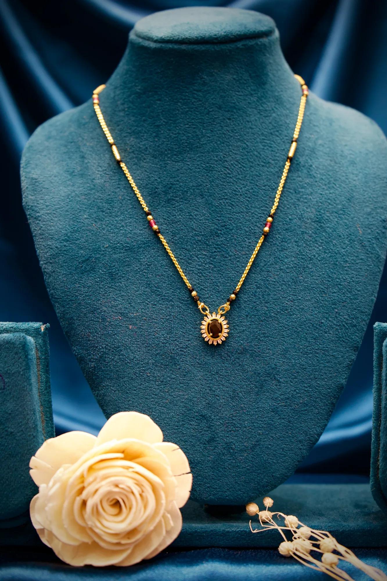 Black Stone Floral Pendant Mangalsutra