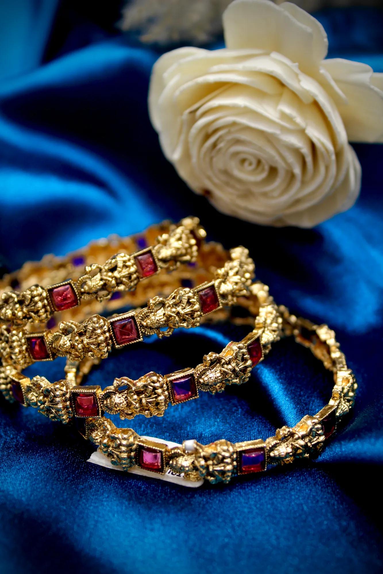 Temple Ruby Stone Antique Gold Bangles Set