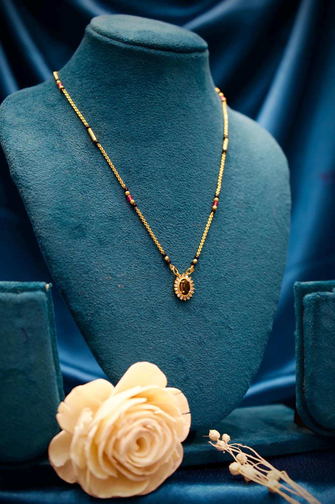 Black Stone Floral Pendant Mangalsutra