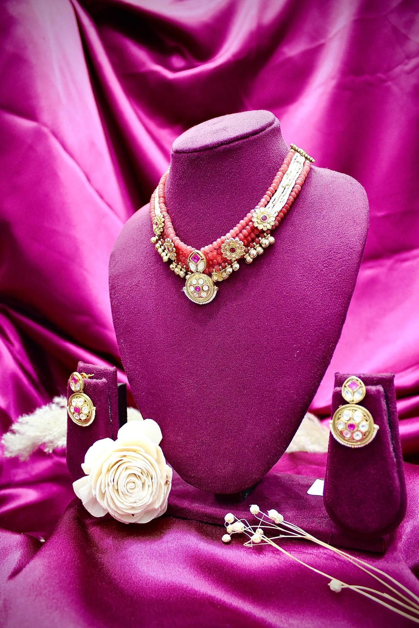 Pink Coral & Pearl Layered Choker Necklace Set