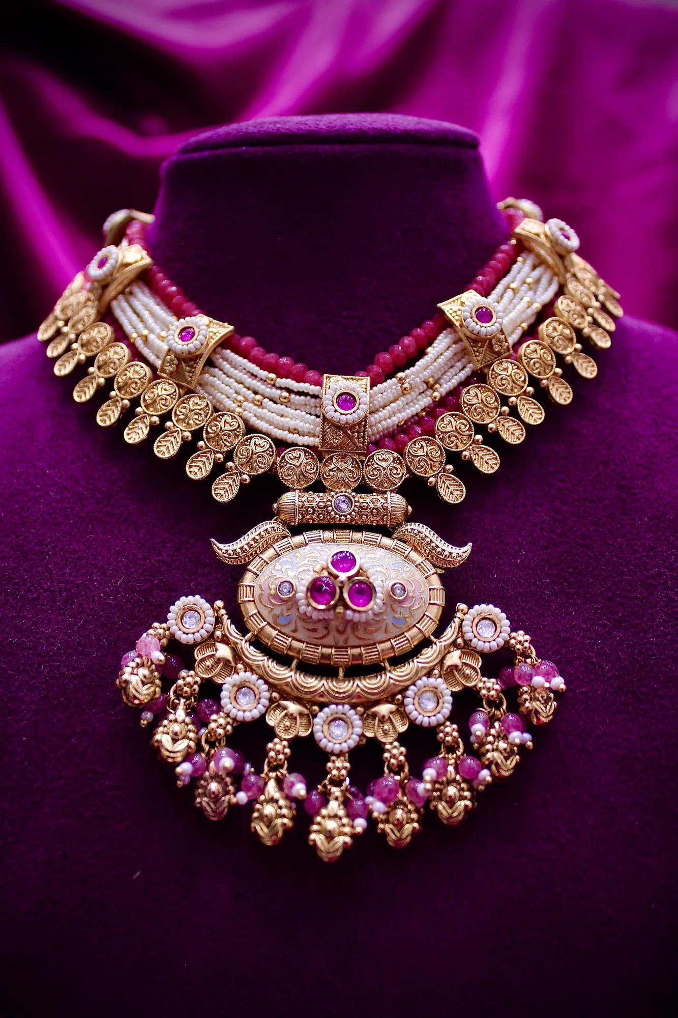 Royal Pink Bead & Pearl Layered Temple Necklace Set