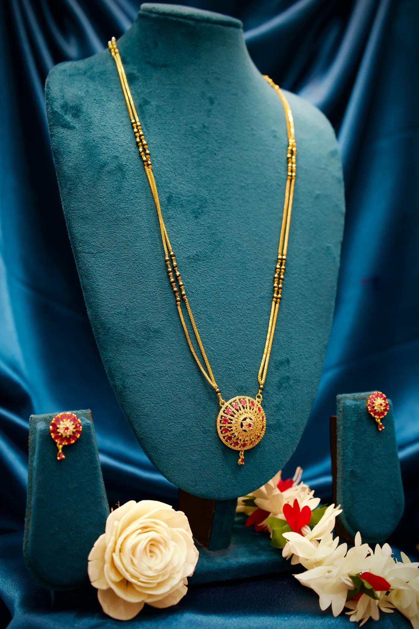 Royal Pink Stone Fan Pendant Long Mangalsutra Set