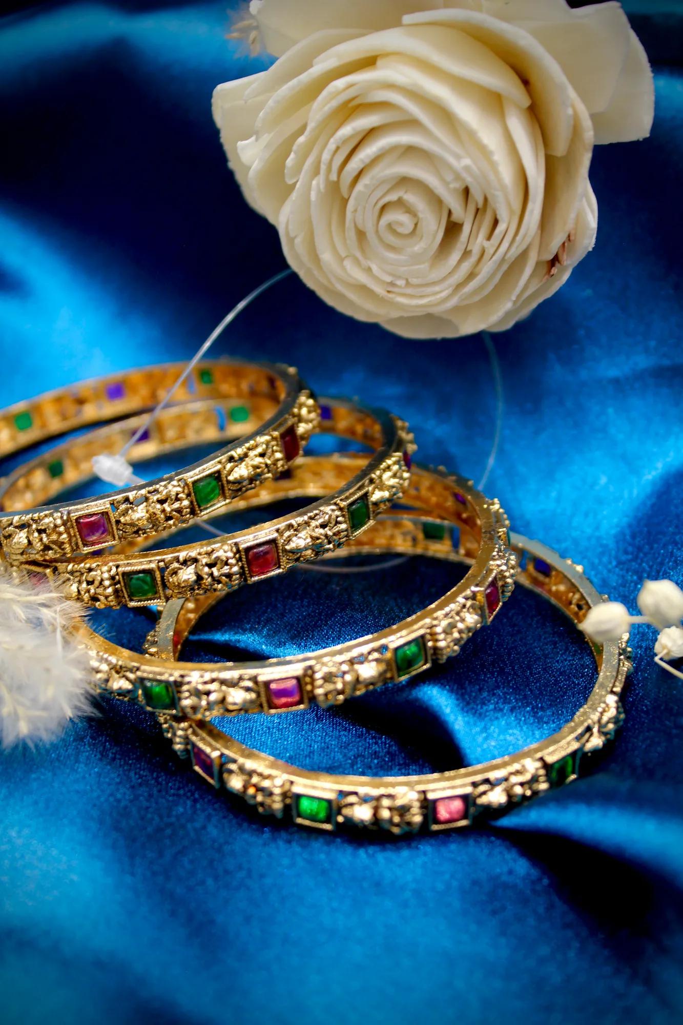 Temple Green & Ruby Stone Antique Gold Bangles Set