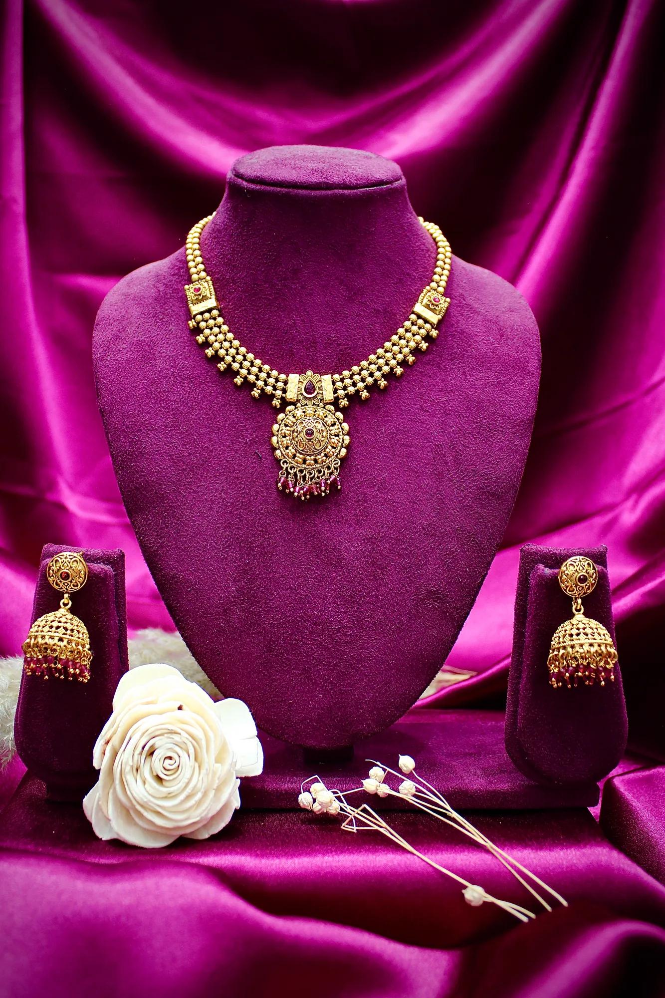 Antique Gold-Tone Pendant Necklace Set with Jhumka Earrings