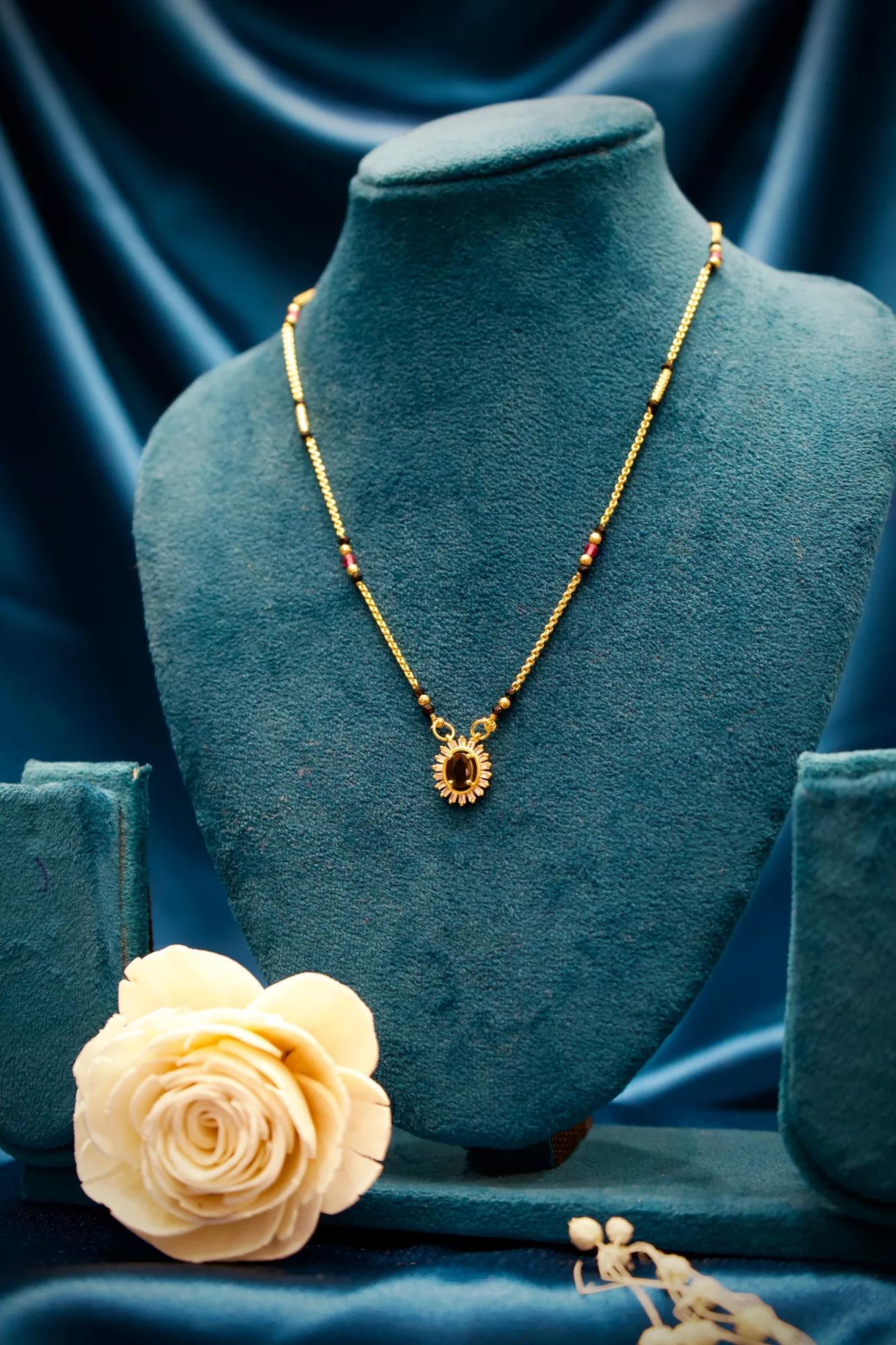 Black Stone Floral Pendant Mangalsutra