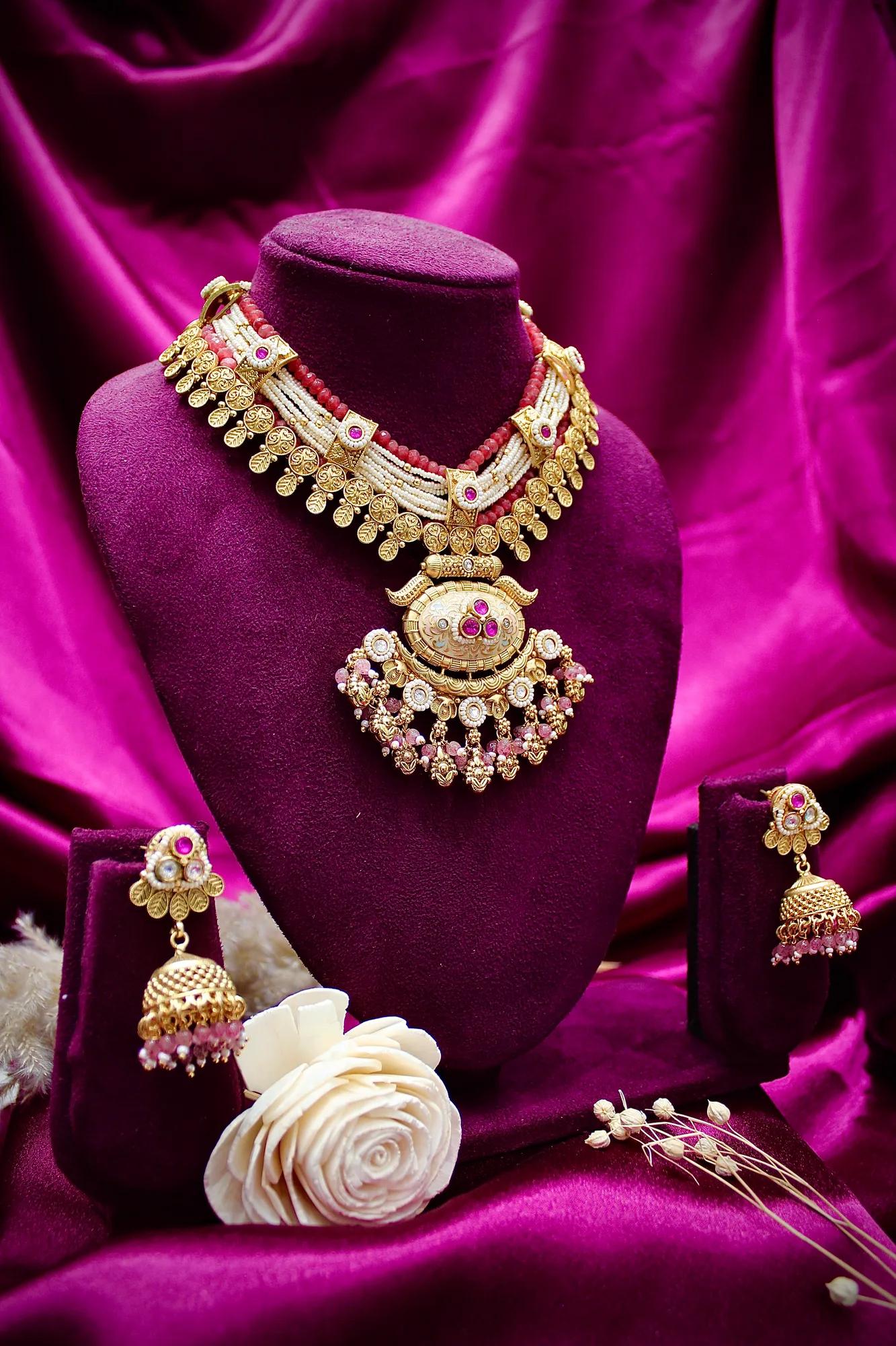 Royal Pink Bead & Pearl Layered Temple Necklace Set