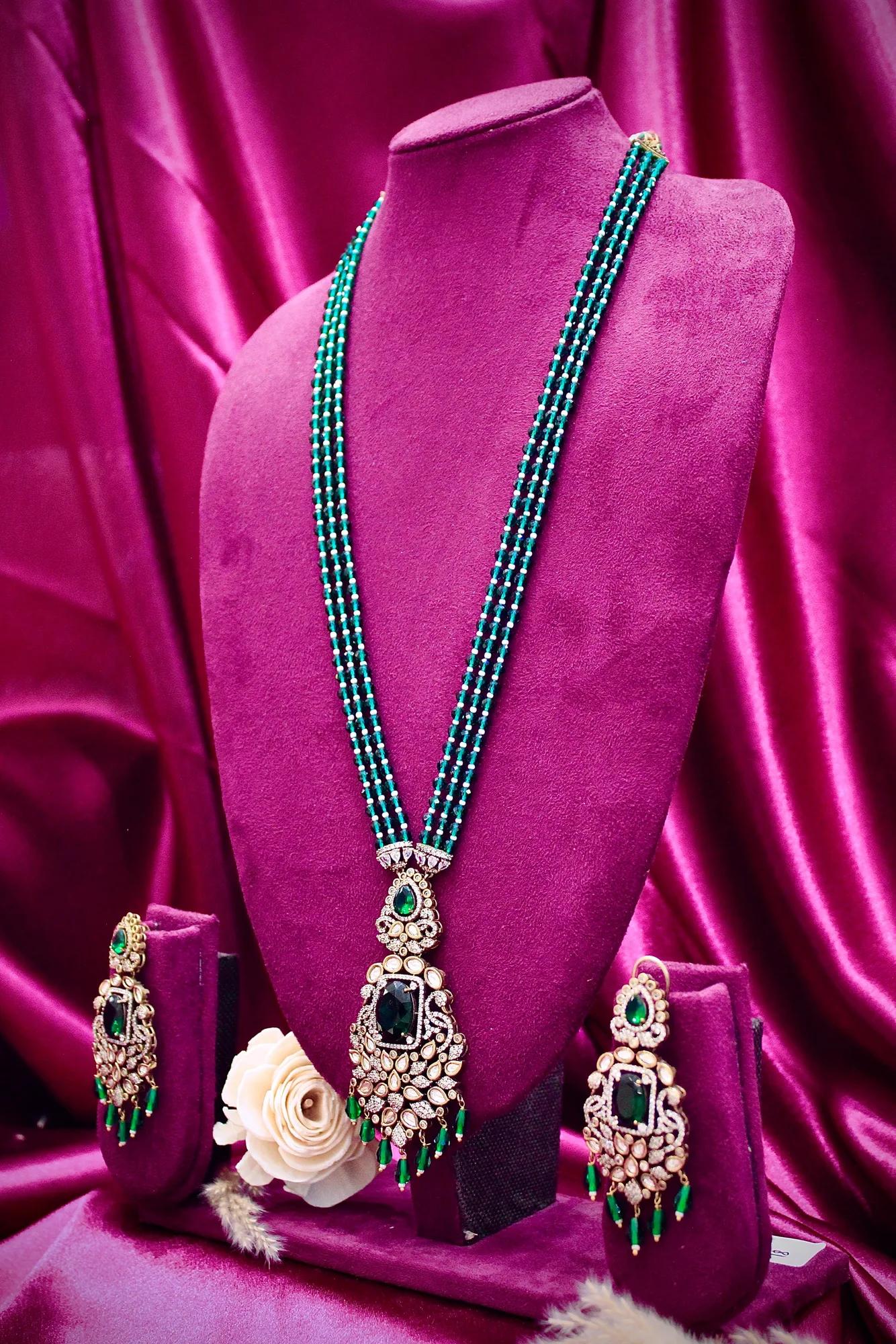 Emerald Green Multi-Strand Beaded Pendant Necklace Set