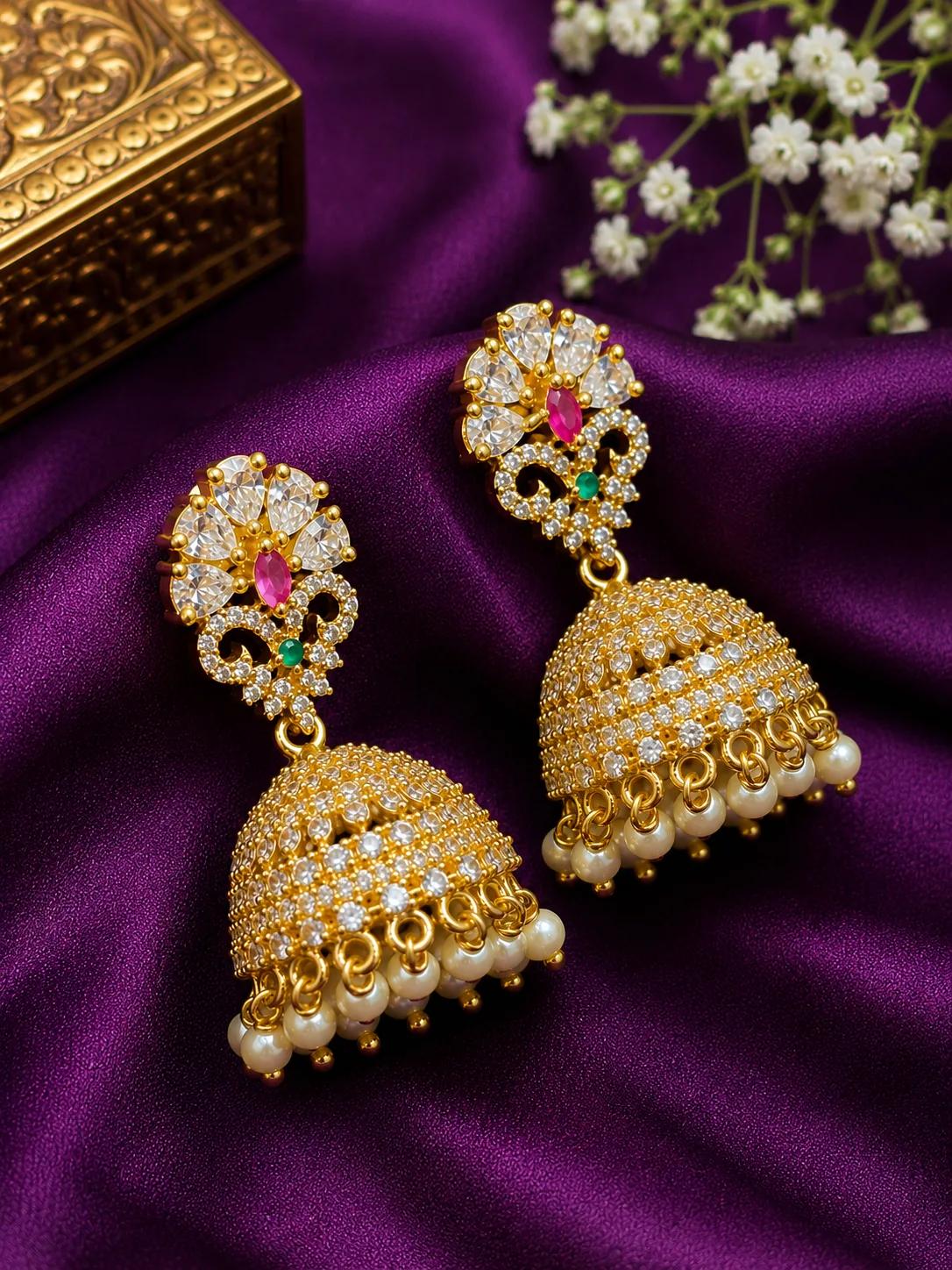 Premium AD Stone Pearl Drop Jhumka Earrings
