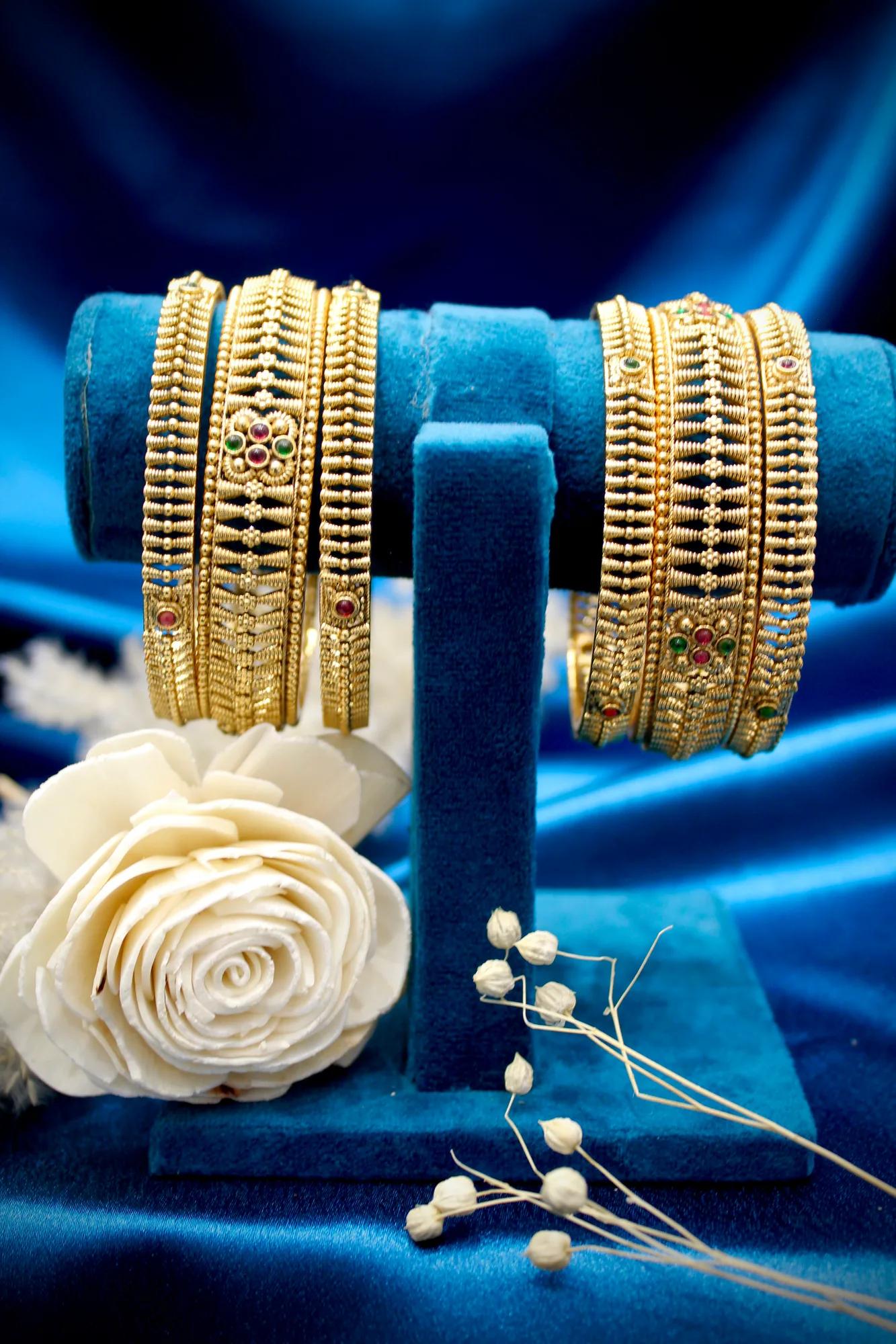 Traditional Antique Gold Multi-Bangle Set with Ruby & Emerald Accents