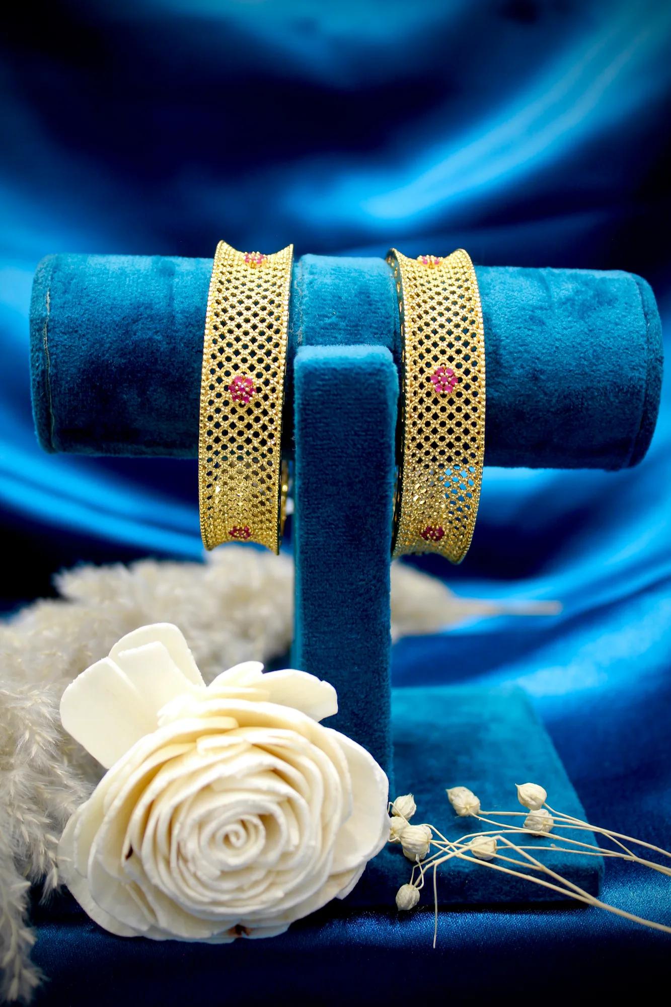 Royal Mesh Floral Stone Studded Broad Kada Bangle Set