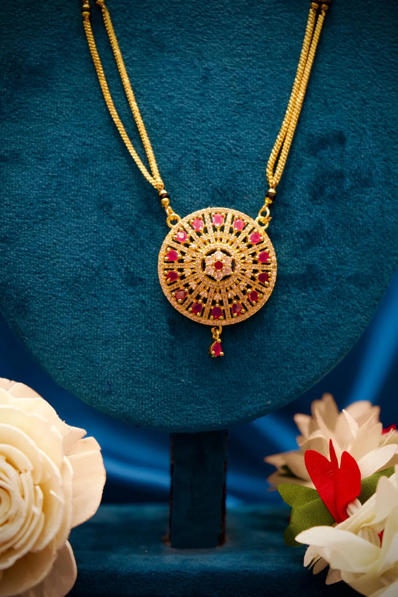 Royal Pink Stone Fan Pendant Long Mangalsutra Set