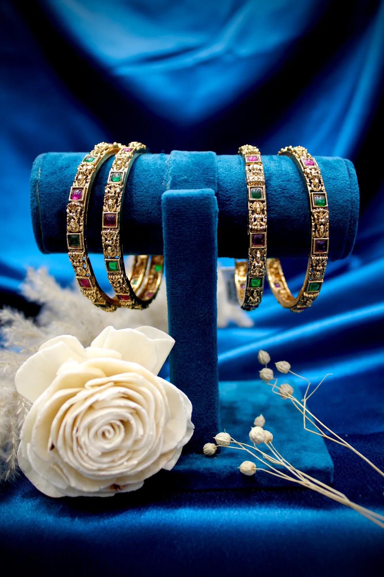 Temple Green & Ruby Stone Antique Gold Bangles Set