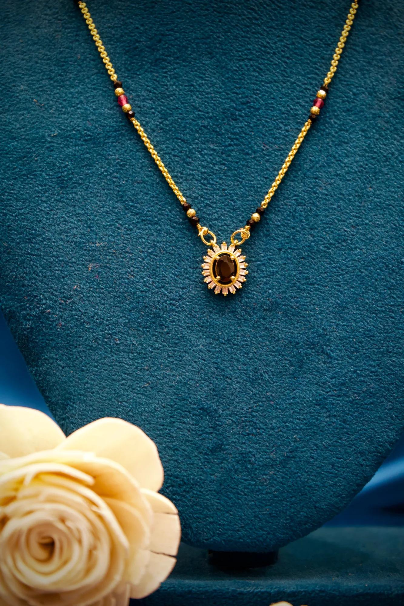 Black Stone Floral Pendant Mangalsutra