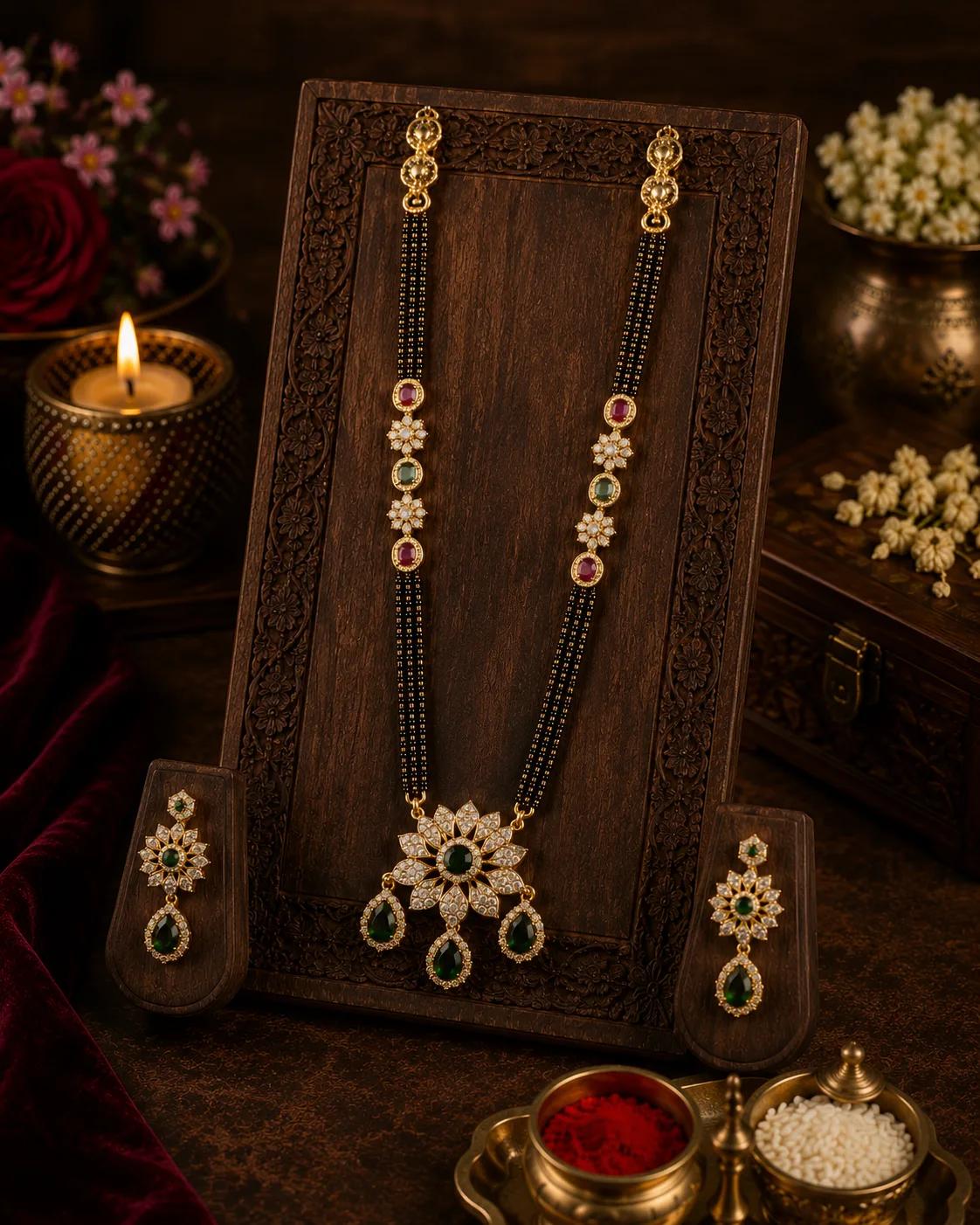 CZ Emerald & Ruby Long Mangalsutra Set with Lotus Pendant & Matching Earrings