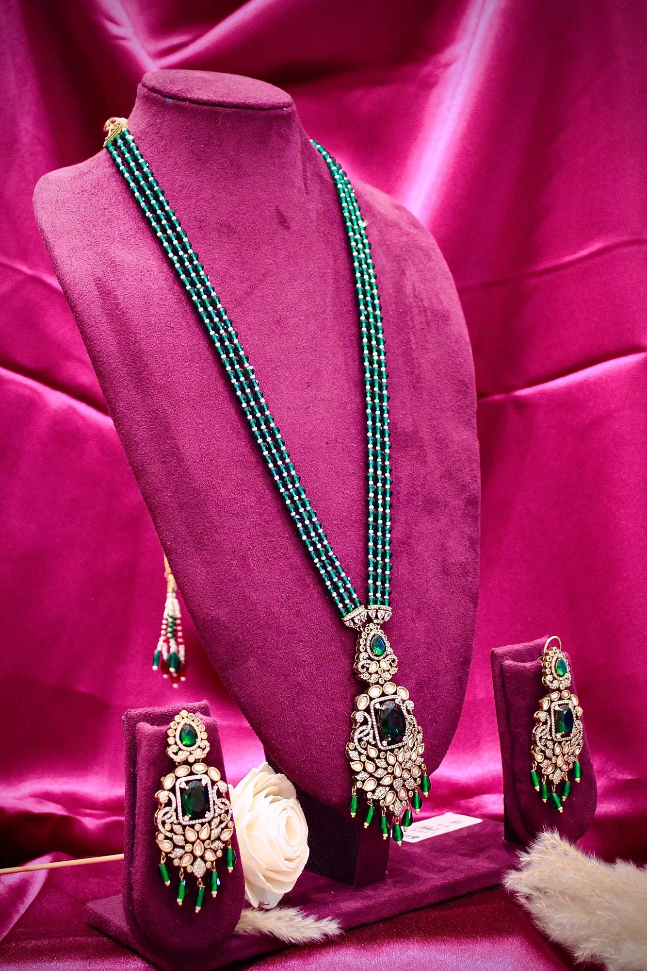 Emerald Green Multi-Strand Beaded Pendant Necklace Set
