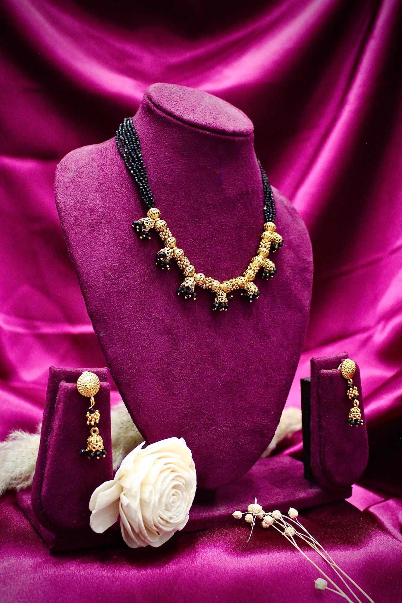 Traditional Black Bead Jhumka Necklace