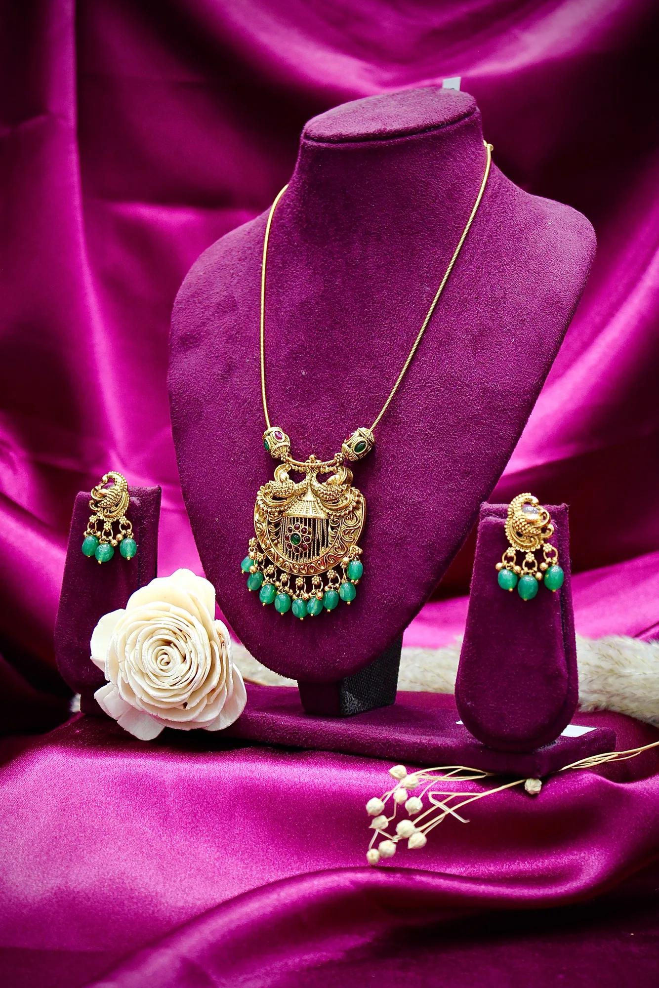 Antique Peacock Pendant Necklace with Green Bead Danglers