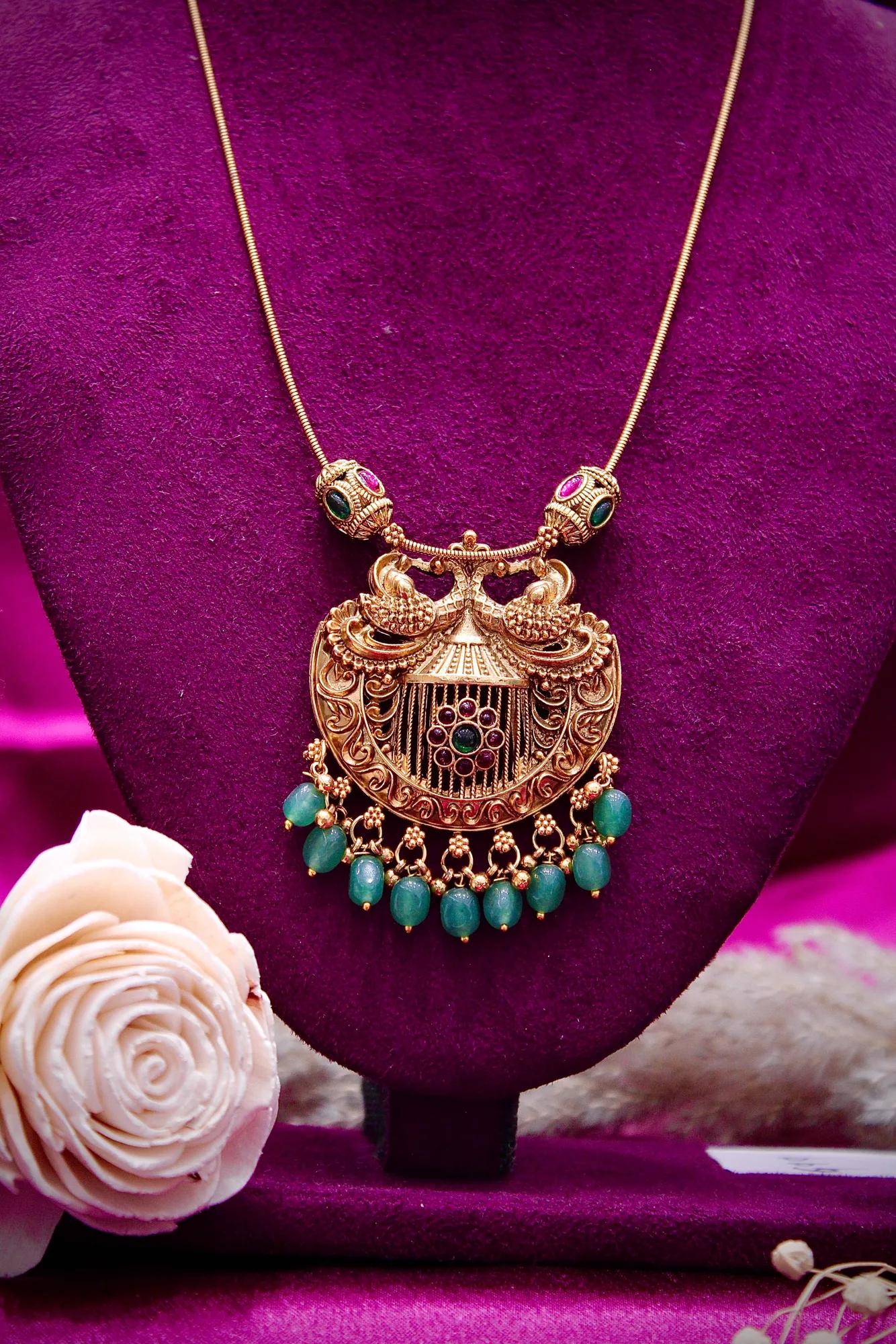 Antique Peacock Pendant Necklace with Green Bead Danglers