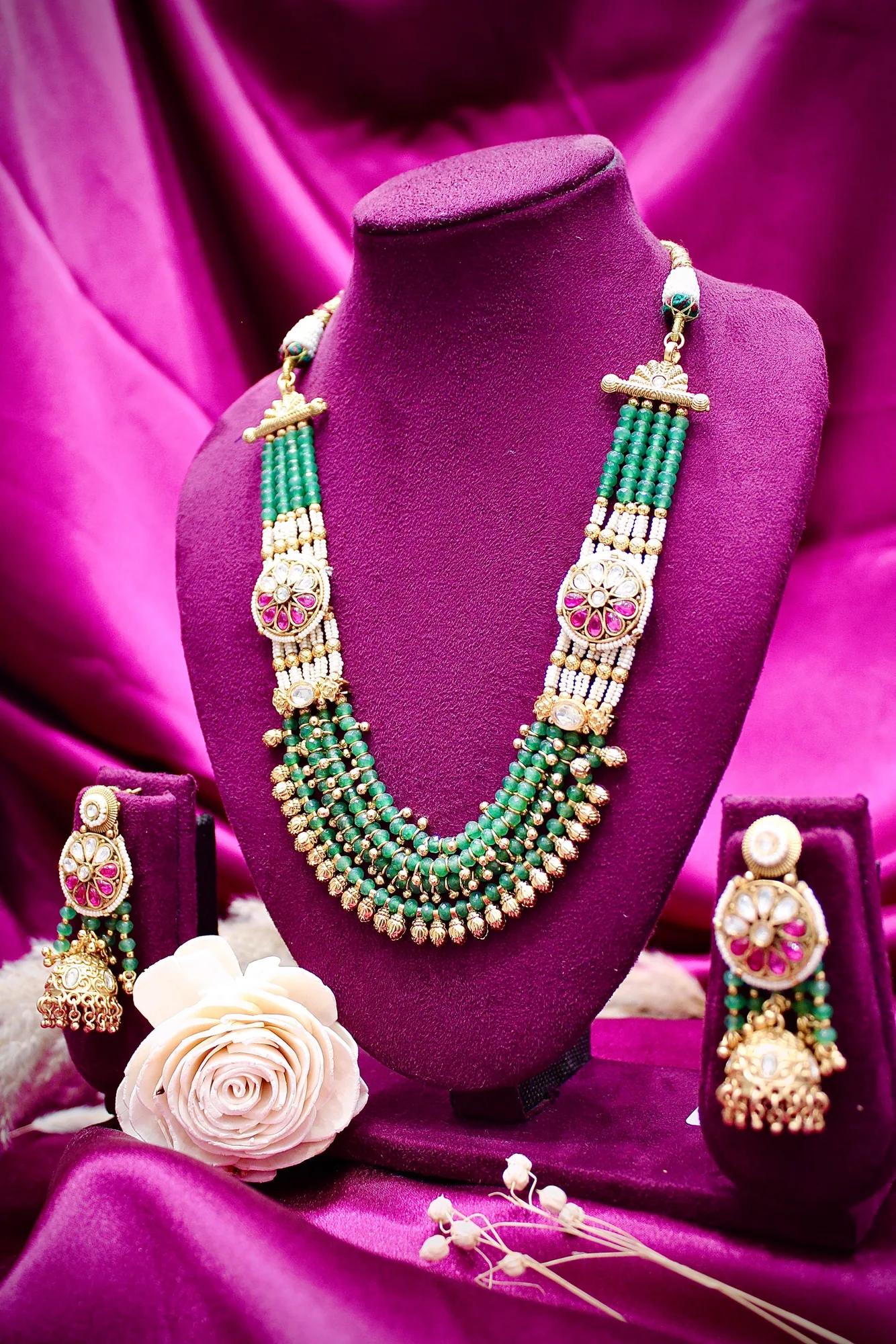 Emerald Green Beaded Kundan Necklace Set