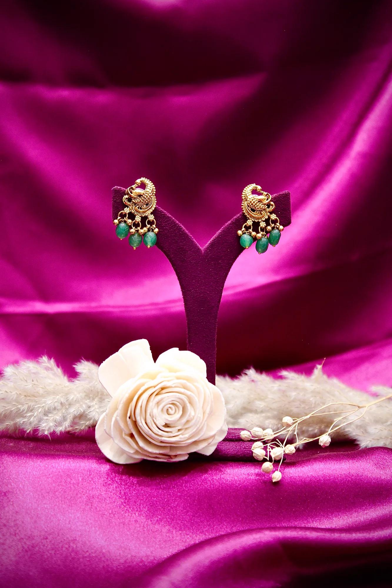 Antique Peacock Pendant Necklace with Green Bead Danglers