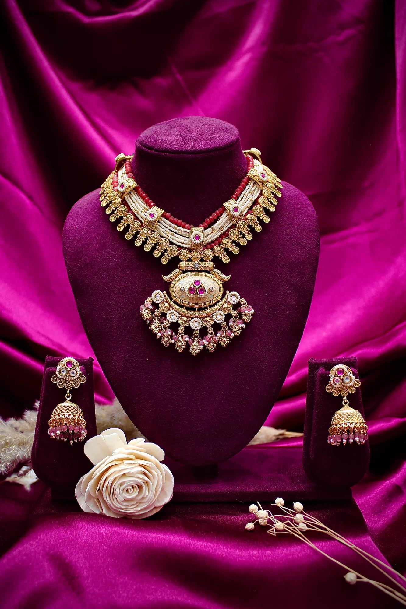 Royal Pink Bead & Pearl Layered Temple Necklace Set