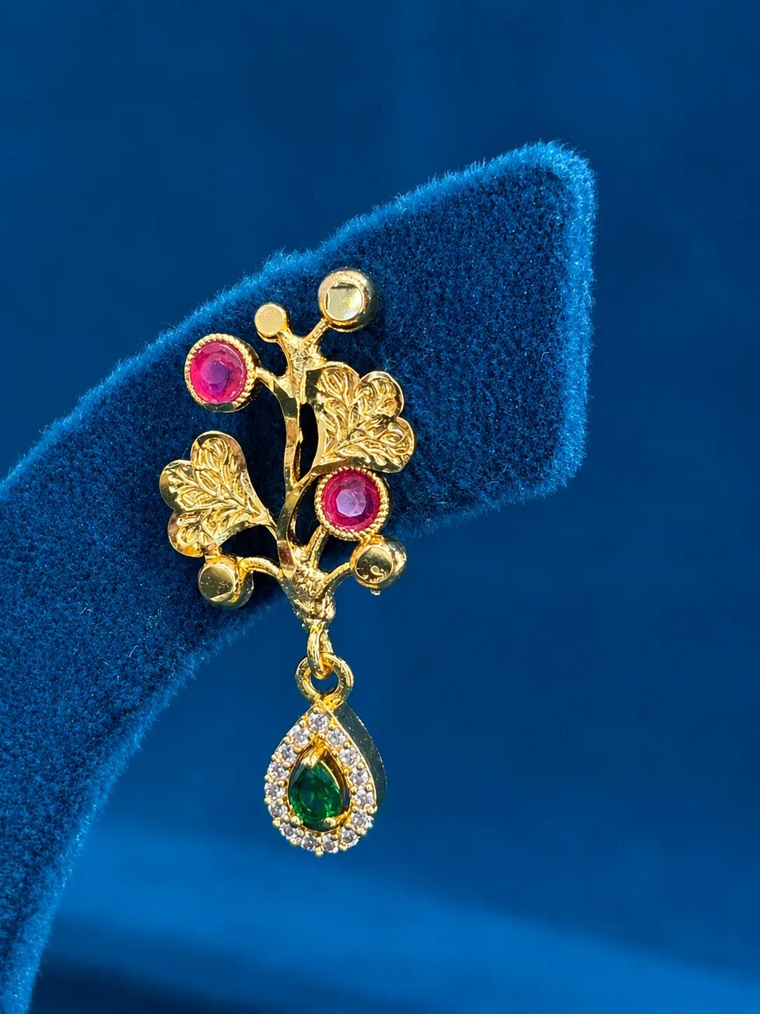 Elegant Floral AD Drop Stud Earrings with Emerald Accent