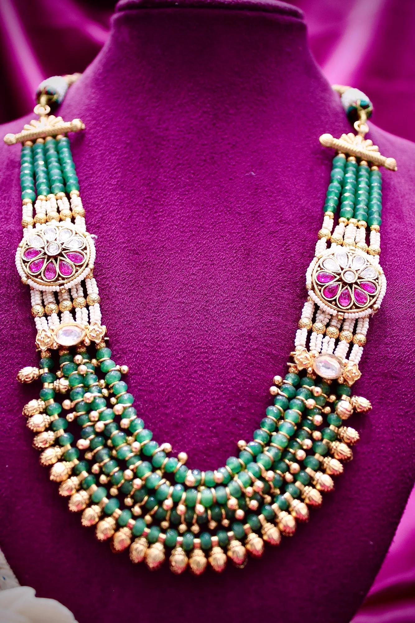 Emerald Green Beaded Kundan Necklace Set