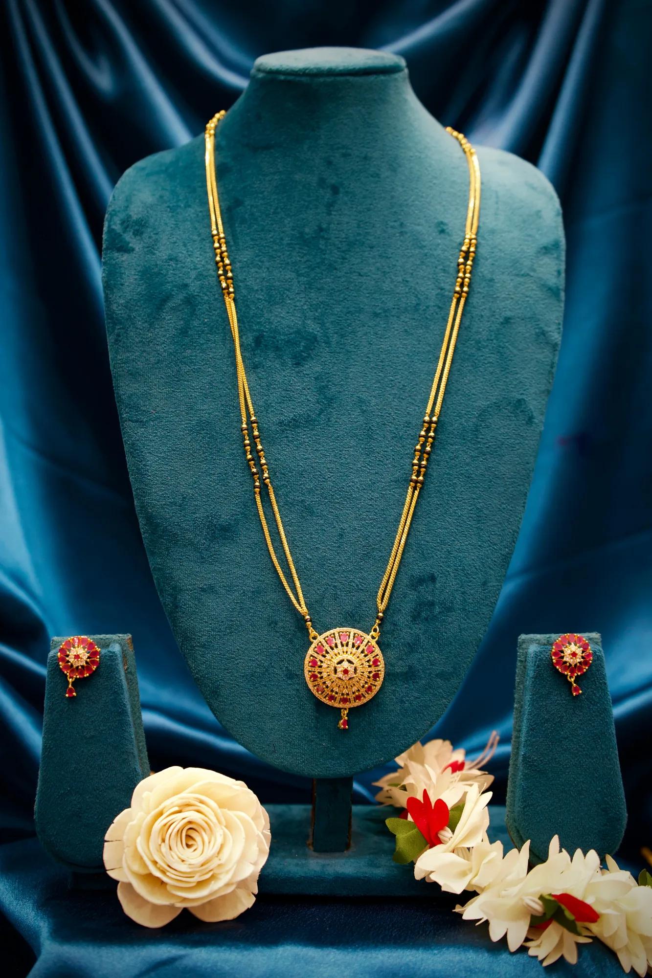 Royal Pink Stone Fan Pendant Long Mangalsutra Set
