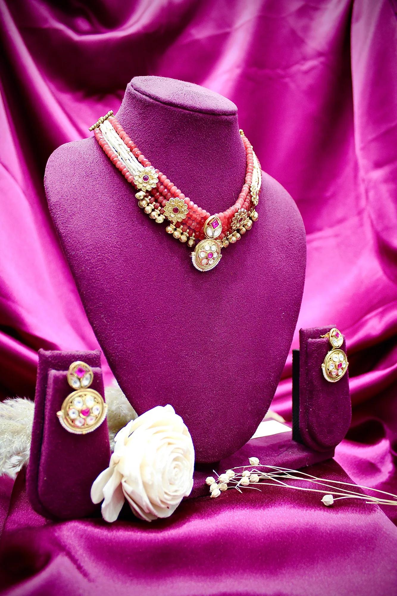 Pink Coral & Pearl Layered Choker Necklace Set