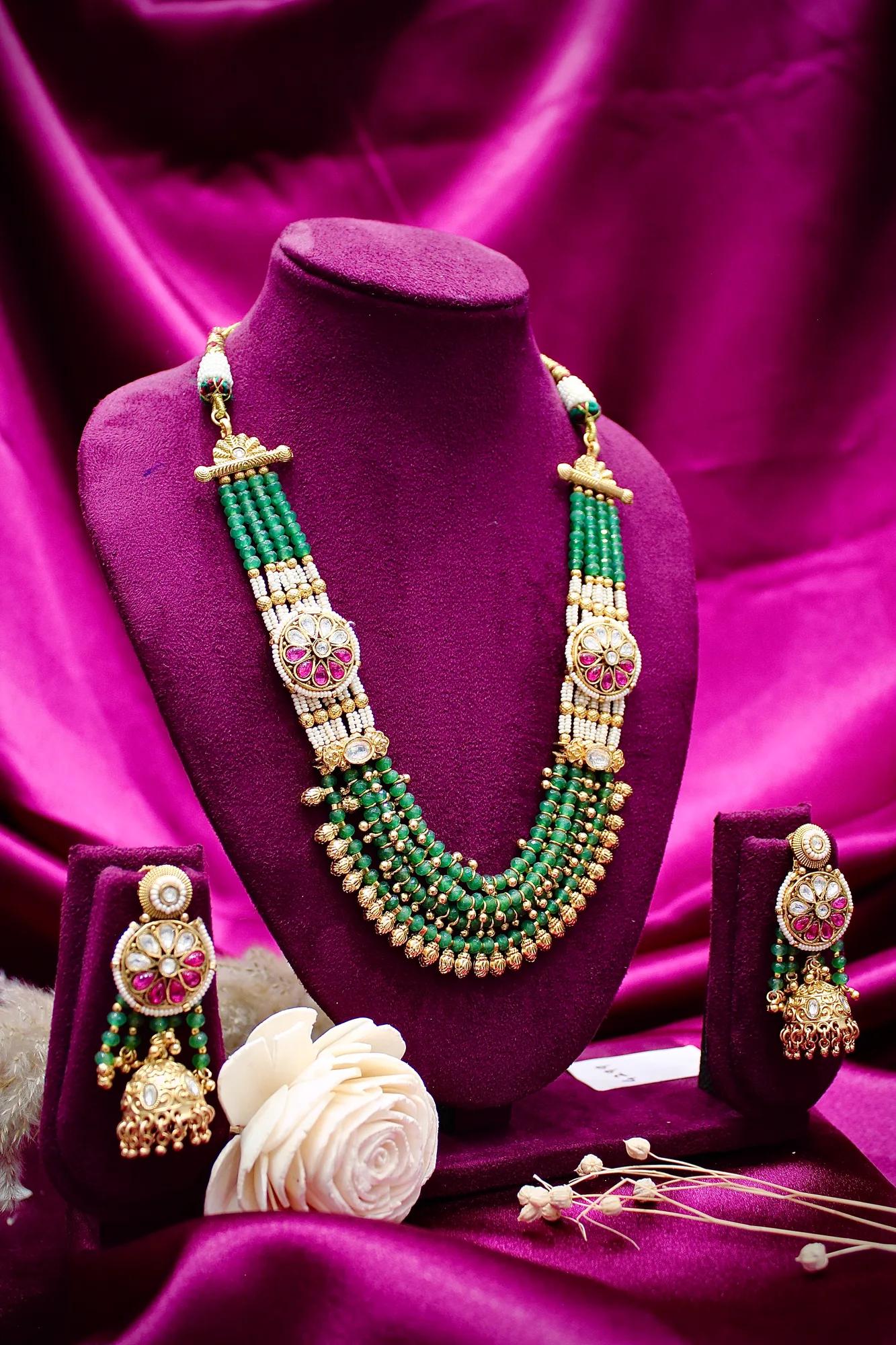 Emerald Green Beaded Kundan Necklace Set