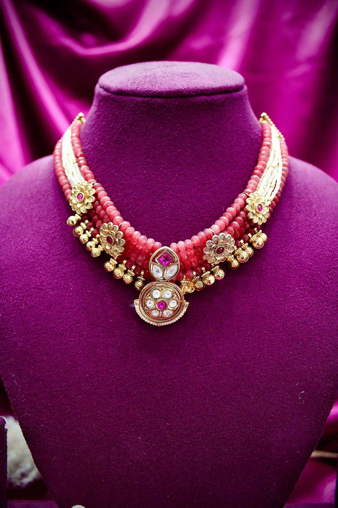 Pink Coral & Pearl Layered Choker Necklace Set