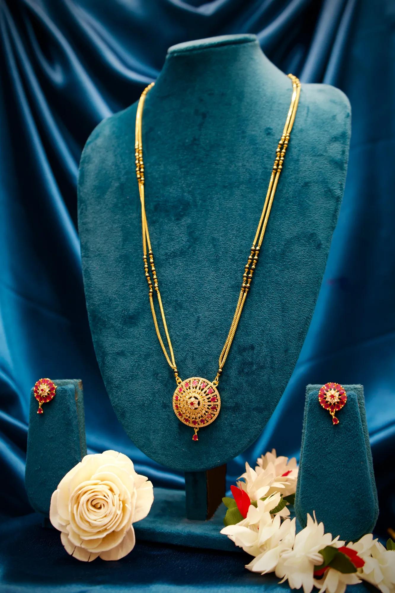 Royal Pink Stone Fan Pendant Long Mangalsutra Set