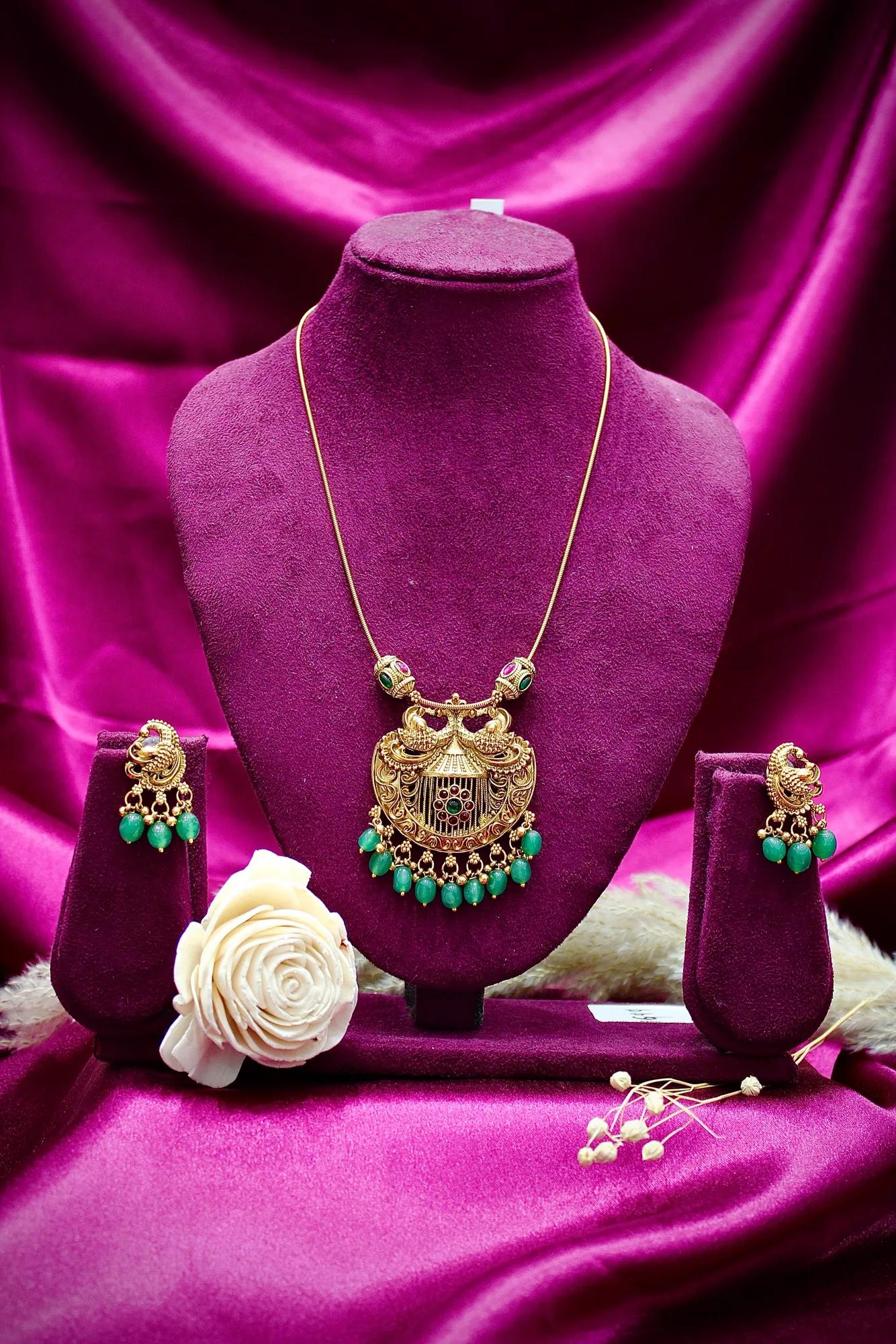 Antique Peacock Pendant Necklace with Green Bead Danglers