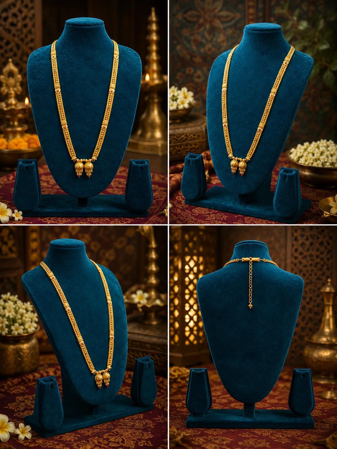Antique Gold Granule Long Haaram with Twin Locket Pendant & Ruby Drops