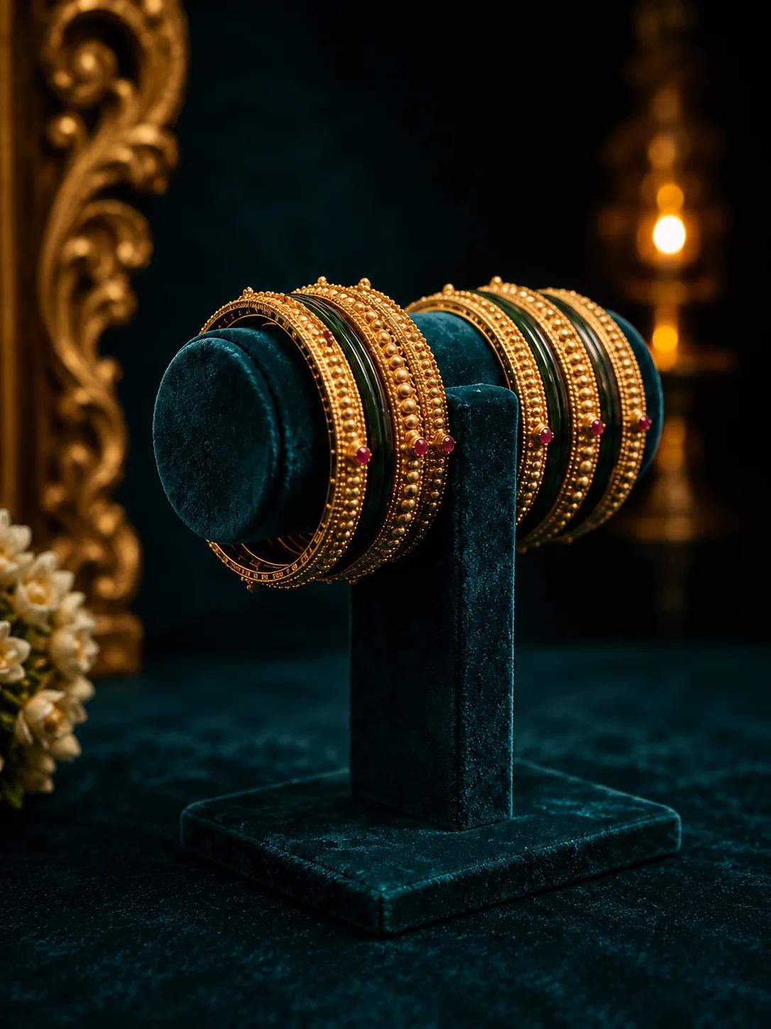 Heirloom Granule Bangle Set with Green Enamel & Ruby Accents