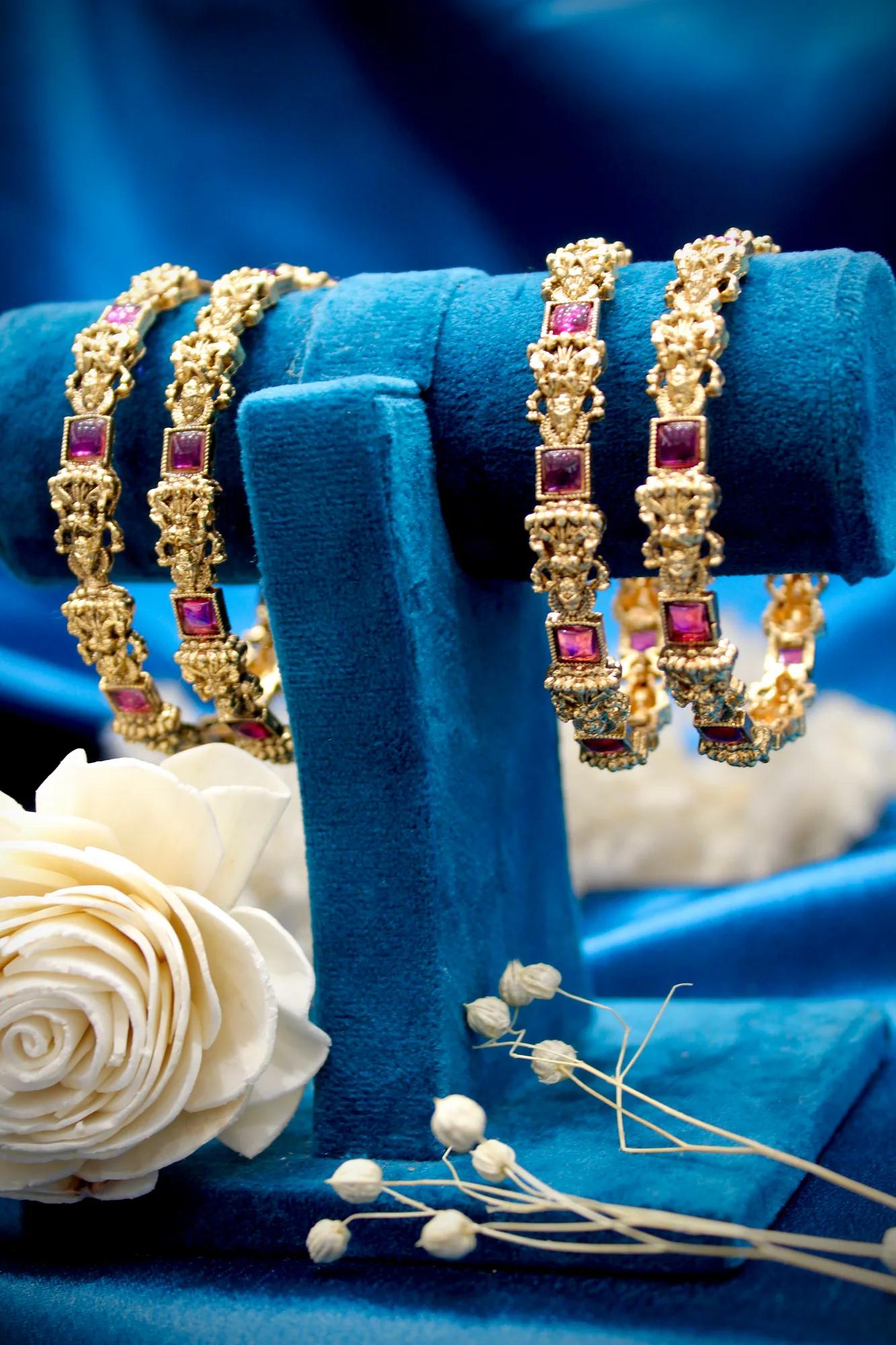 Temple Ruby Stone Antique Gold Bangles Set