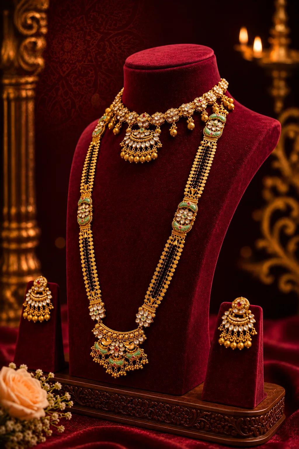 Bridal Kundan Meenakari Long Haaram Set with Mangalsutra Chain & Chandelier Earrings