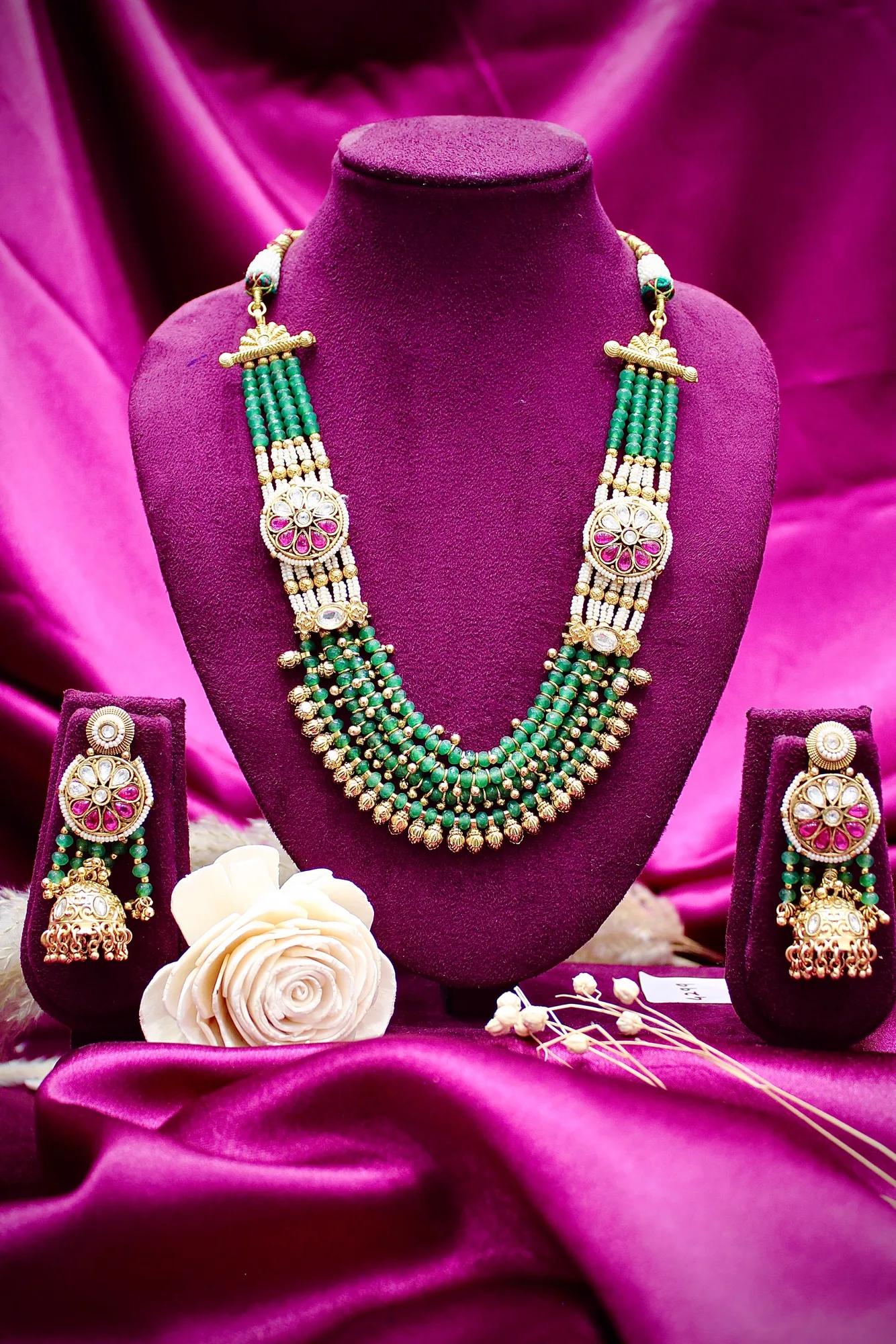 Emerald Green Beaded Kundan Necklace Set