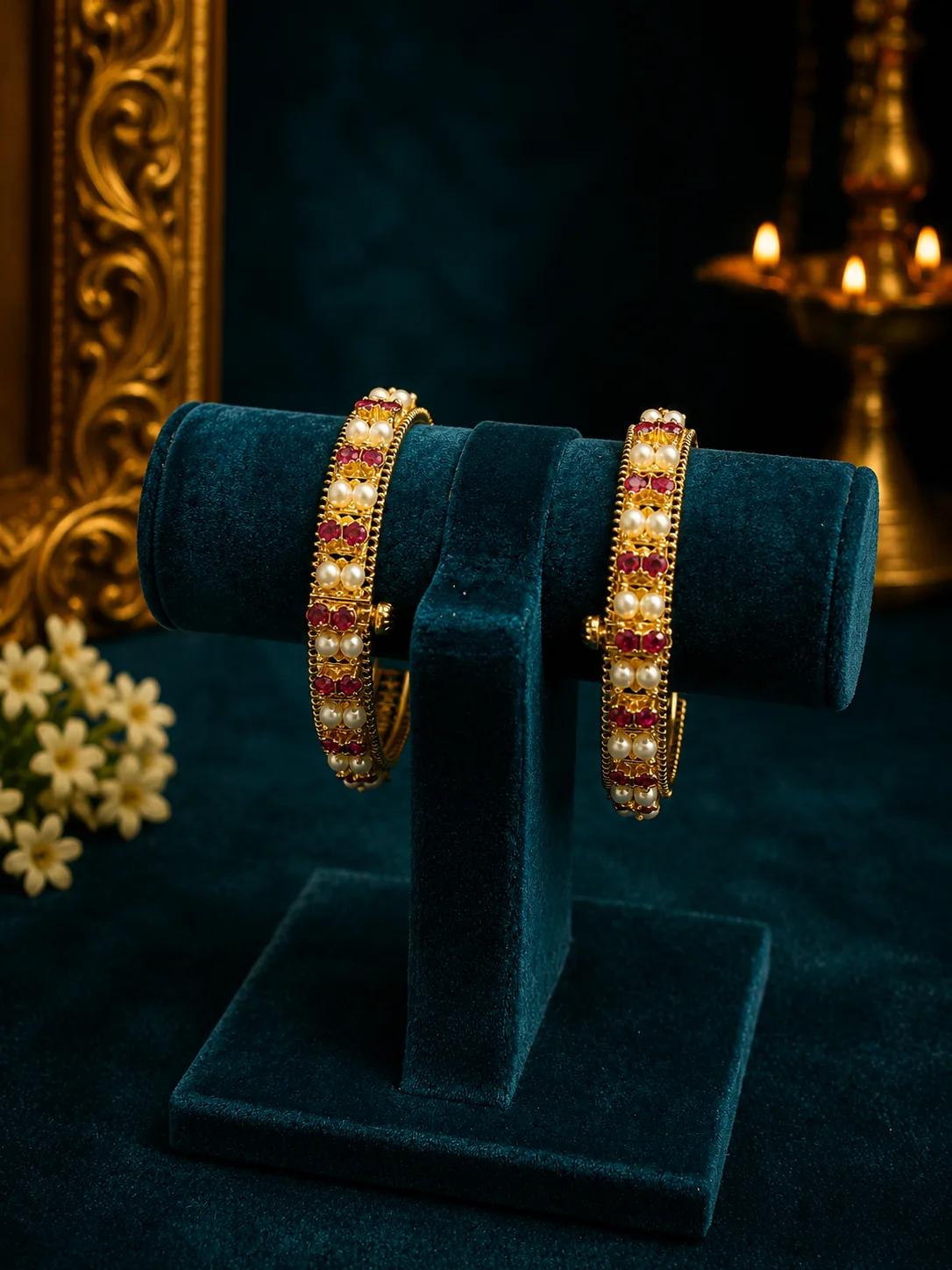 Temple Ruby & Pearl Cluster Bangle Pair in Antique Gold