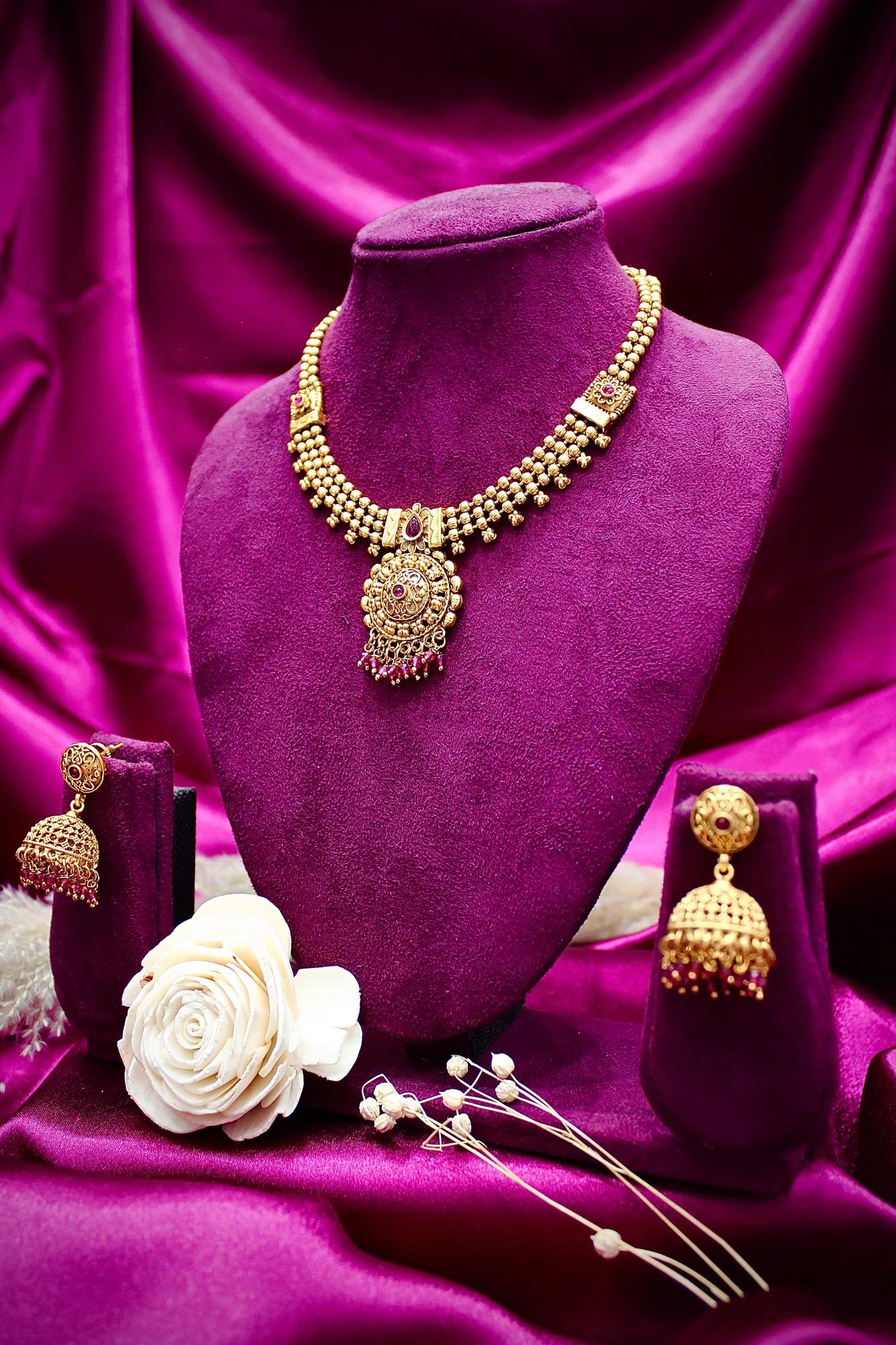 Antique Gold-Tone Pendant Necklace Set with Jhumka Earrings