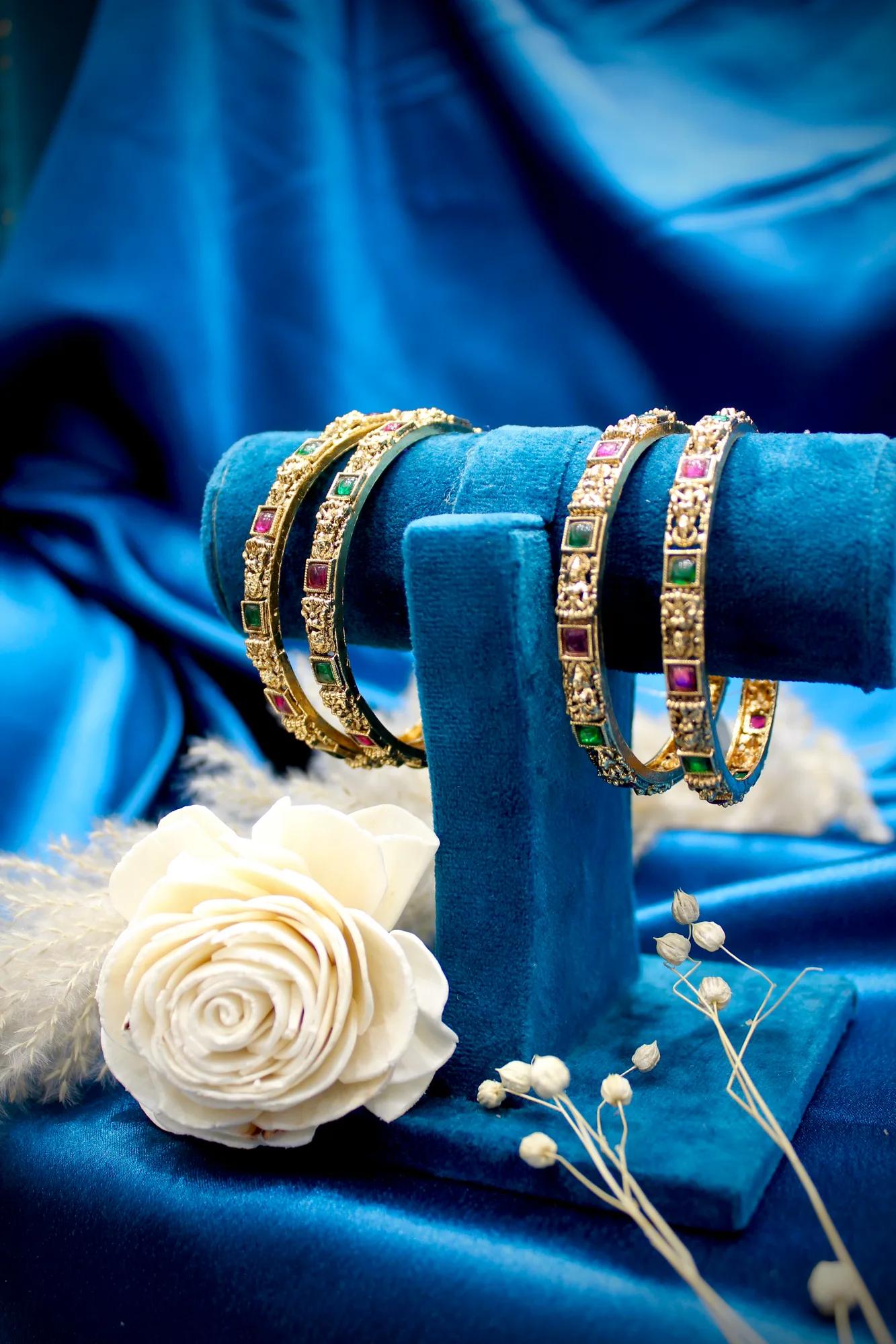 Temple Green & Ruby Stone Antique Gold Bangles Set