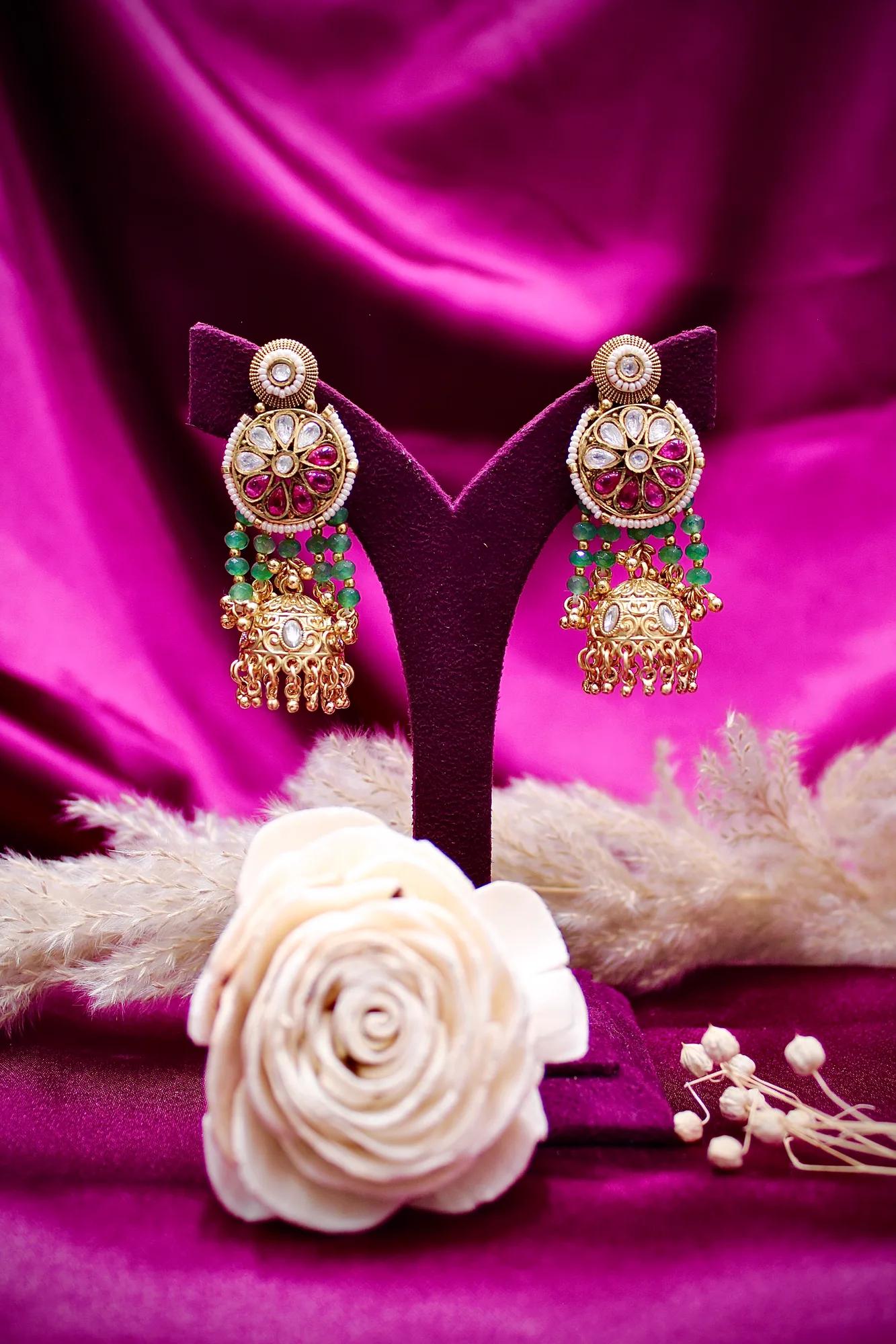 Emerald Green Beaded Kundan Necklace Set