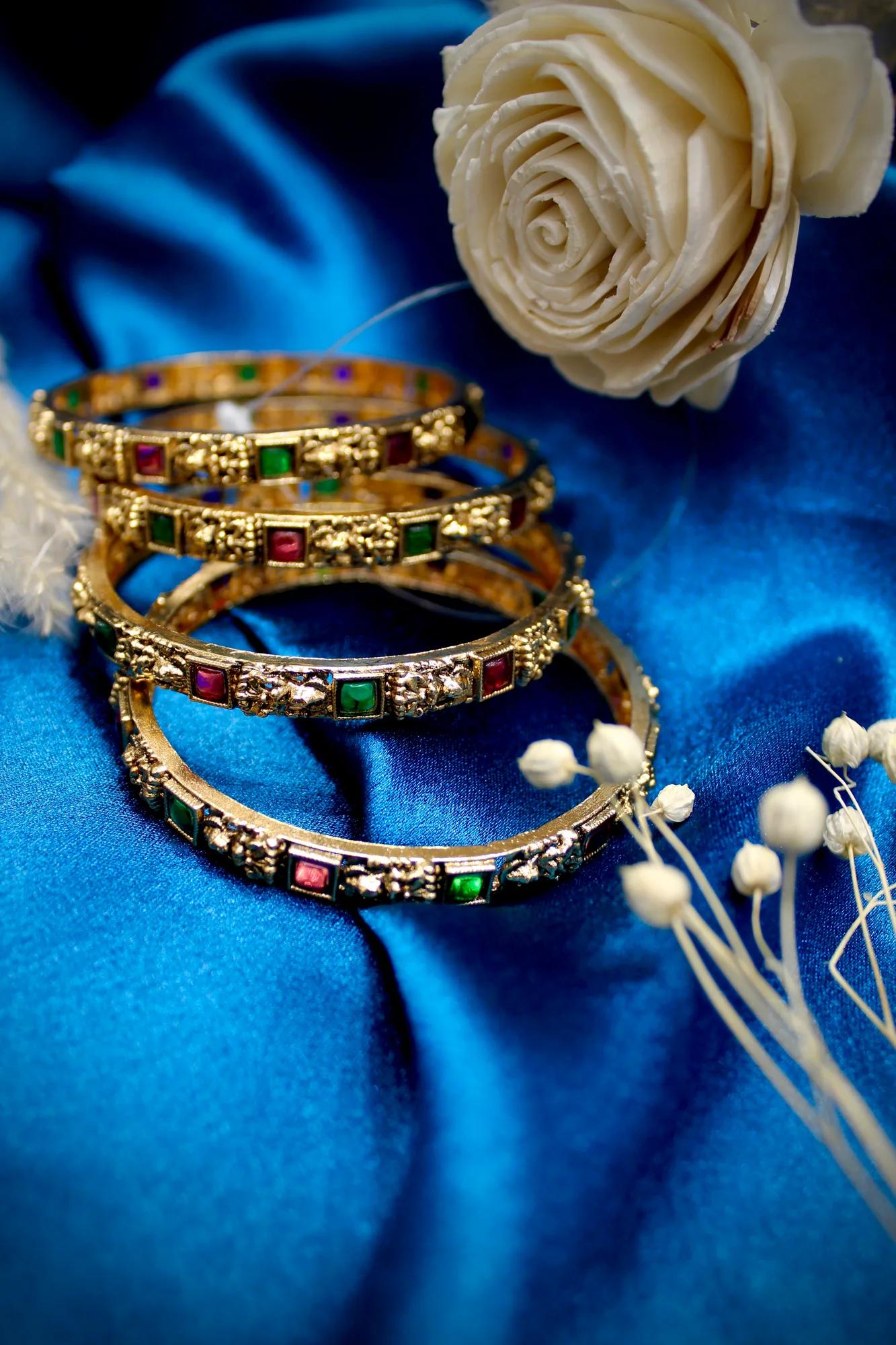Temple Green & Ruby Stone Antique Gold Bangles Set