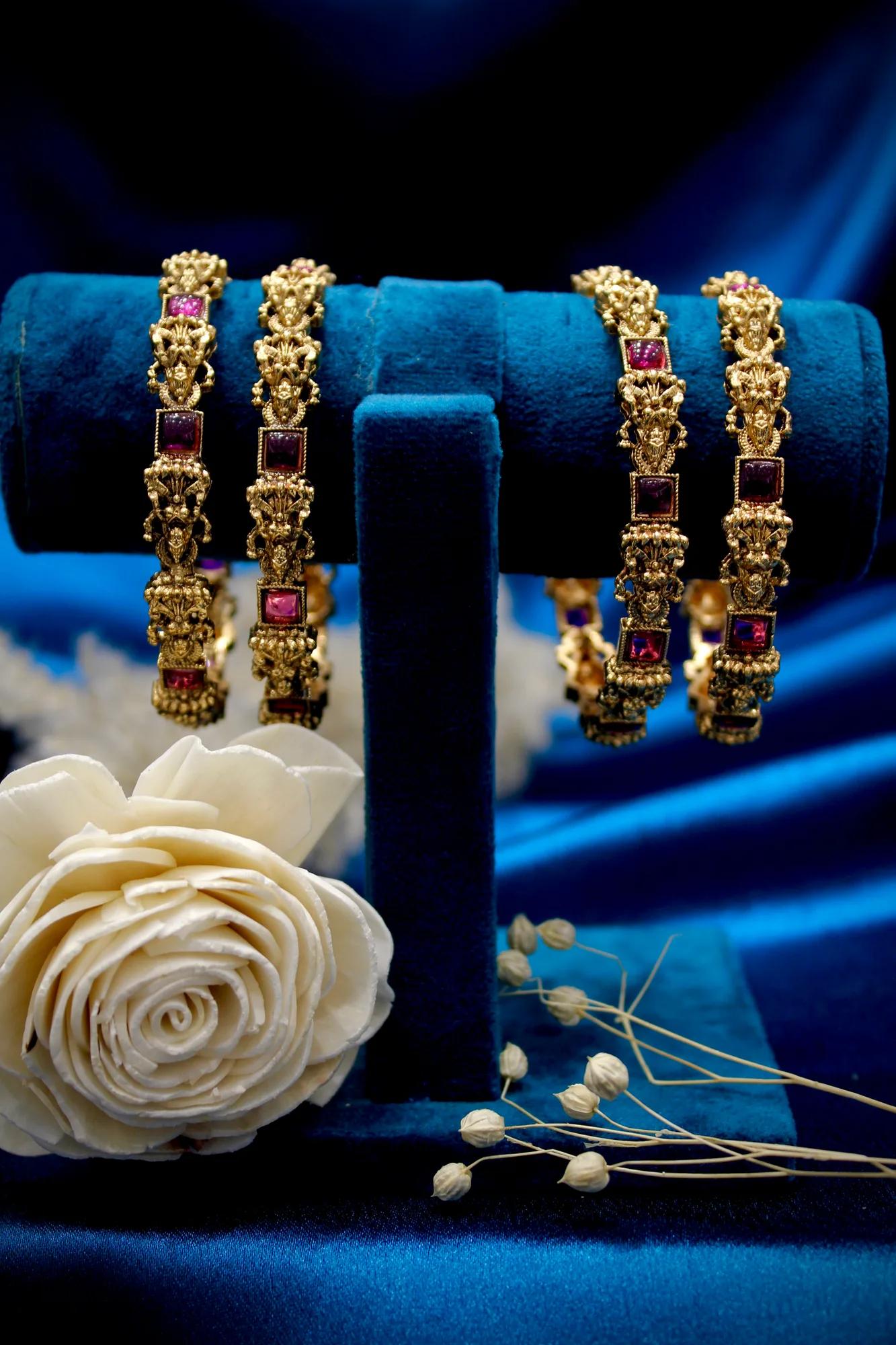 Temple Ruby Stone Antique Gold Bangles Set