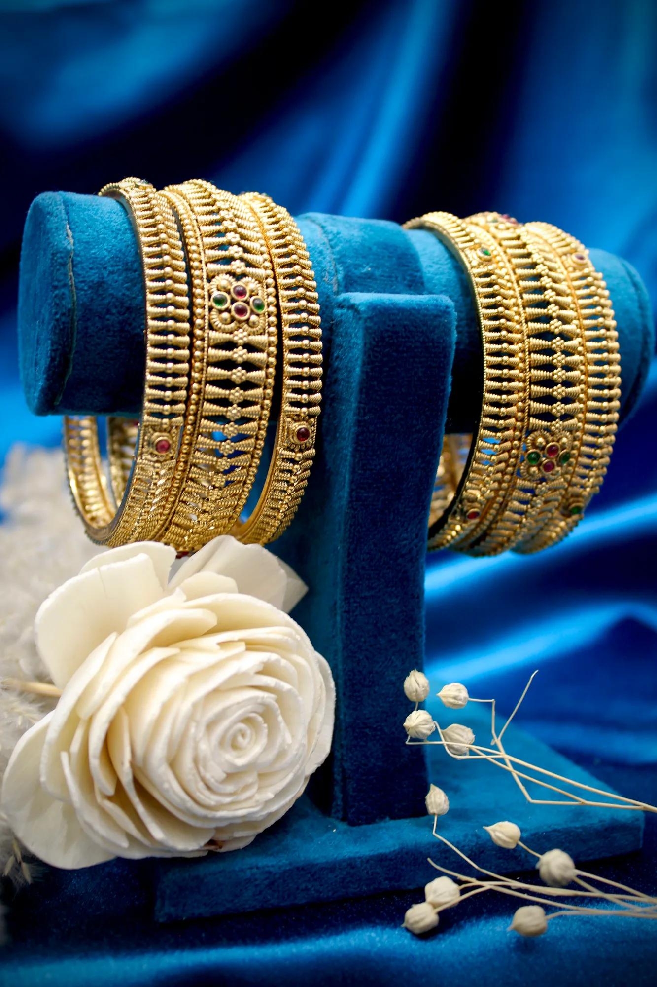 Traditional Antique Gold Multi-Bangle Set with Ruby & Emerald Accents