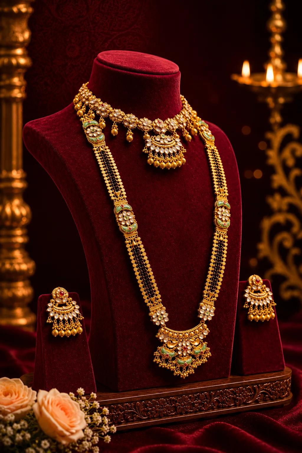 Bridal Kundan Meenakari Long Haaram Set with Mangalsutra Chain & Chandelier Earrings